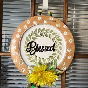 BLESSED round wooden plate, wreath, gift